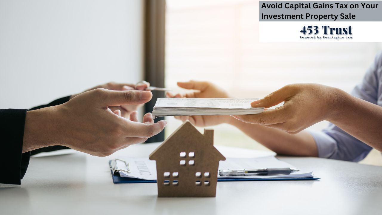 A real estate transaction is depicted, with one person handing over a stack of money to another person in exchange for a property represented by a small wooden house model.