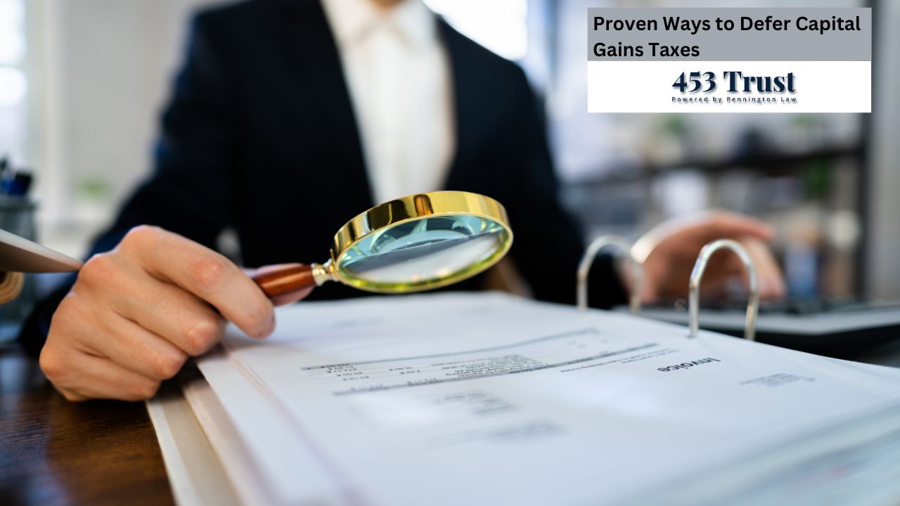 A person in a business suit uses a magnifying glass to examine financial documents, likely invoices, illustrating strategies for deferring capital gains taxes.