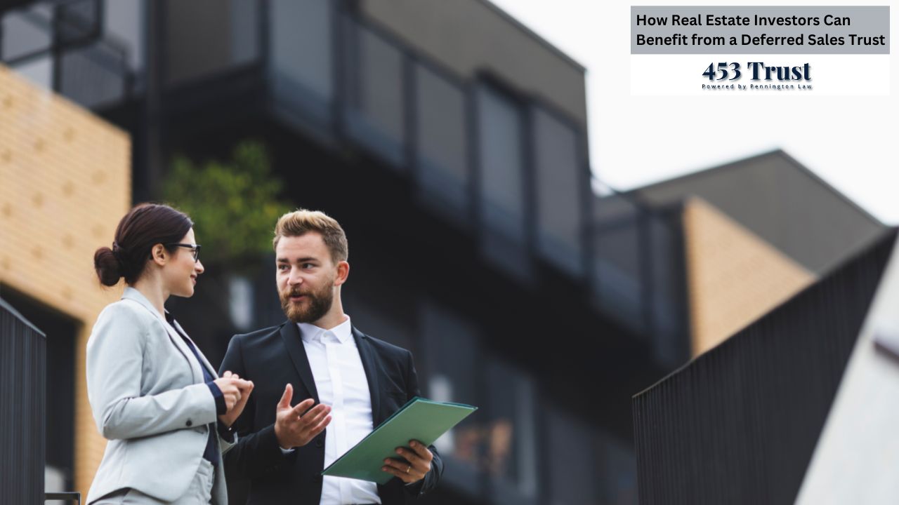 Two well-dressed colleagues are having a professional discussion outdoors in front of a modern building.