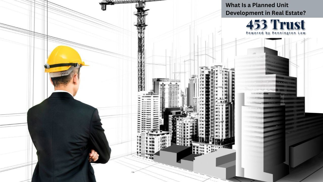 The image shows a man, viewed from behind, wearing a yellow hard hat and a dark suit. His arms are crossed, and he's looking at a three-dimensional architectural model of a city superimposed on a blueprint. The model consists of grayscale high-rise buildings.