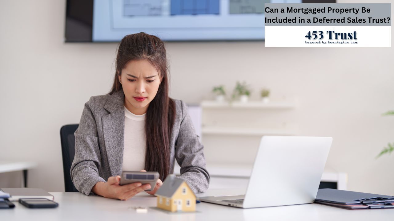 A woman in a professional setting looks worried while holding a calculator, with a miniature house model on her desk, suggesting financial concerns related to property.