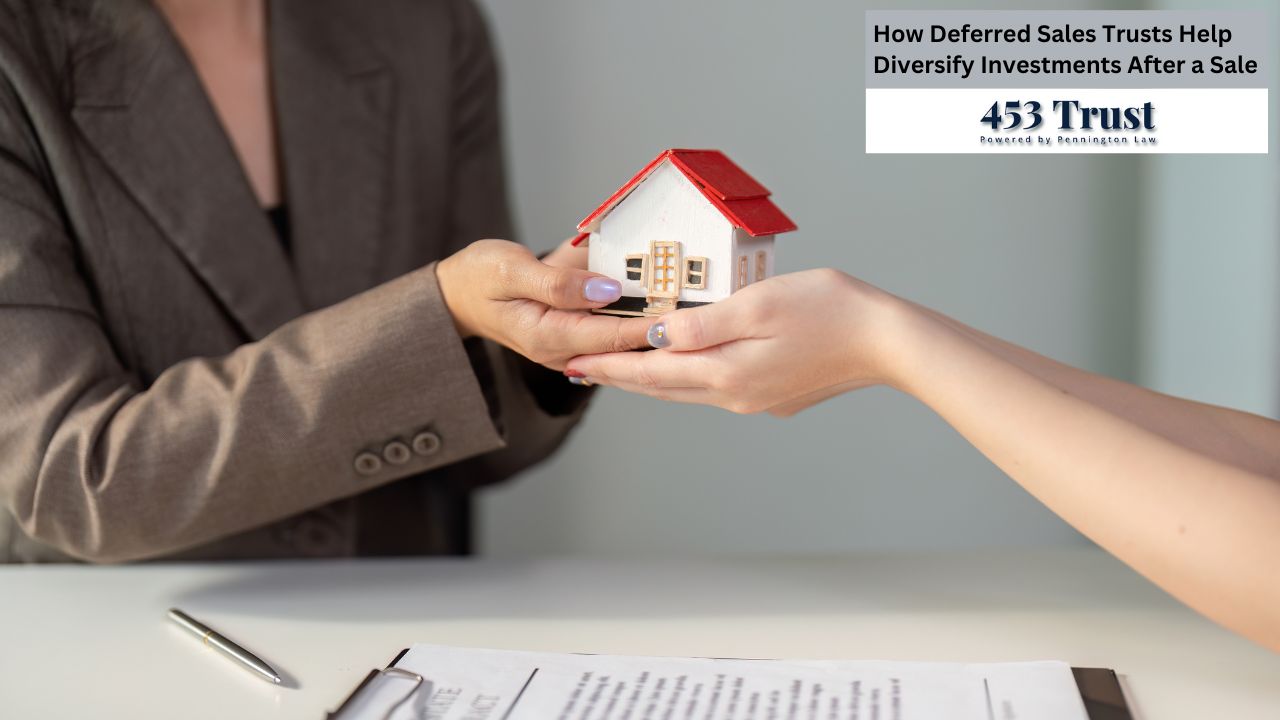 The image portrays a professional setting where a miniature house is being exchanged, symbolizing a real estate transaction or investment.