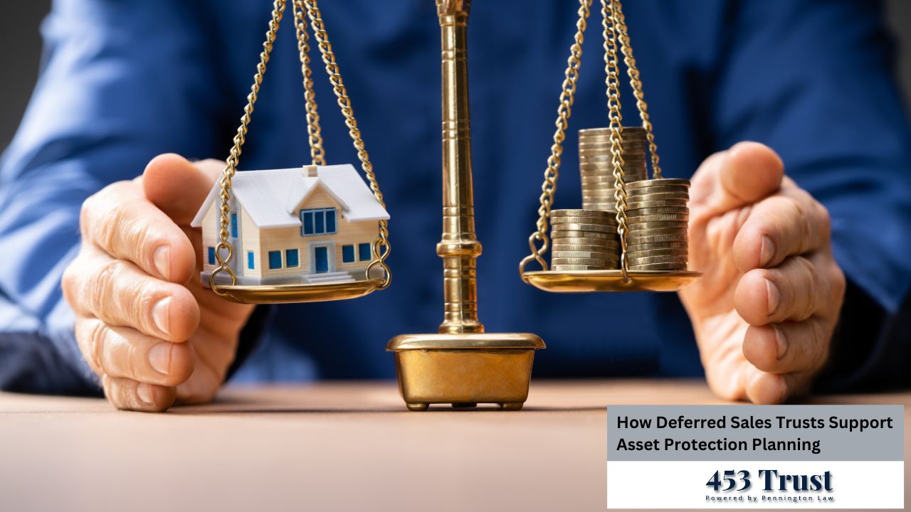 A pair of hands carefully supports a brass scale balancing a miniature house against stacks of gold coins, illustrating the concept of asset protection planning through deferred sales trusts.
