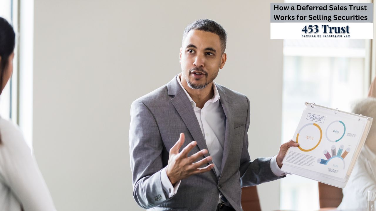 A professional man in a suit presents a financial chart to an unseen audience, illustrating the benefits of a Deferred Sales Trust.