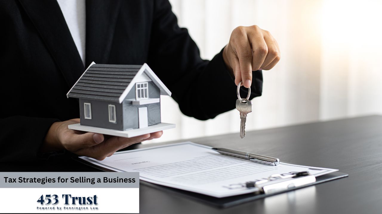 A person in a business suit is handing over a model house and keys, symbolizing a business transaction, likely a real estate sale or business acquisition.