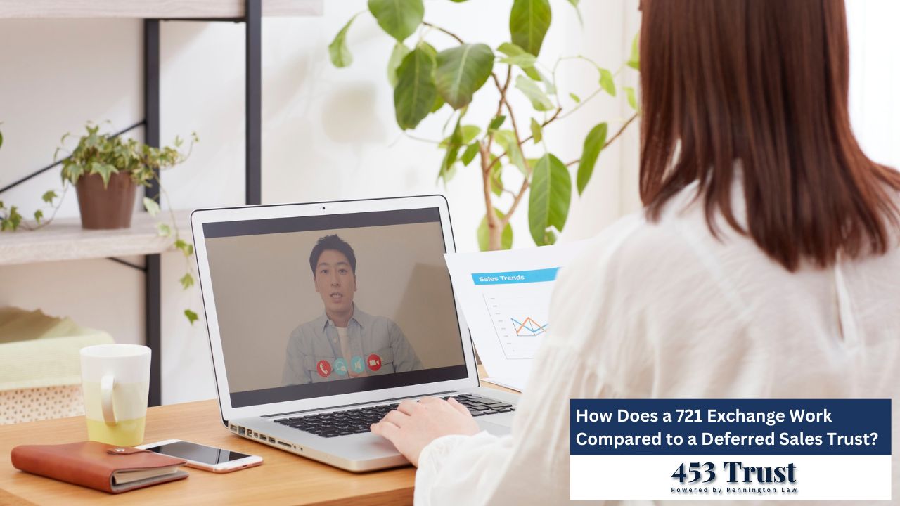 A woman is participating in a video conference call on her laptop while reviewing sales trend data in what appears to be a bright, plant-filled home office or study setting.