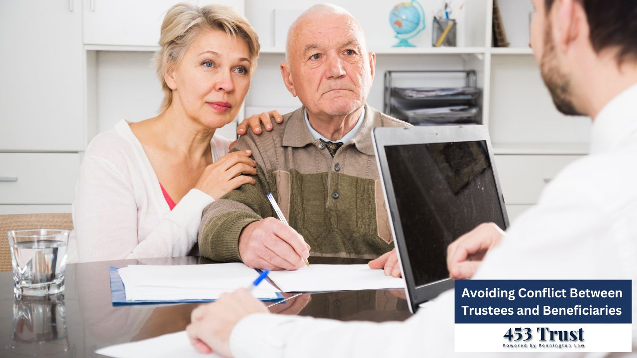 An elderly couple consults with a professional, seemingly signing legal documents with an air of concern.