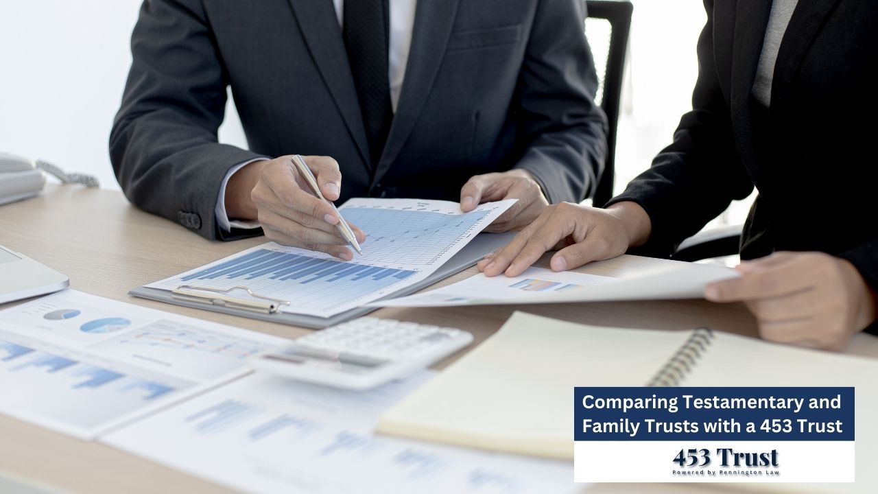 Two professionals review financial documents and charts at a desk. The image shows two individuals, likely financial advisors or lawyers, dressed in professional attire (suits), reviewing financial documents and charts on a light-colored wooden desk.