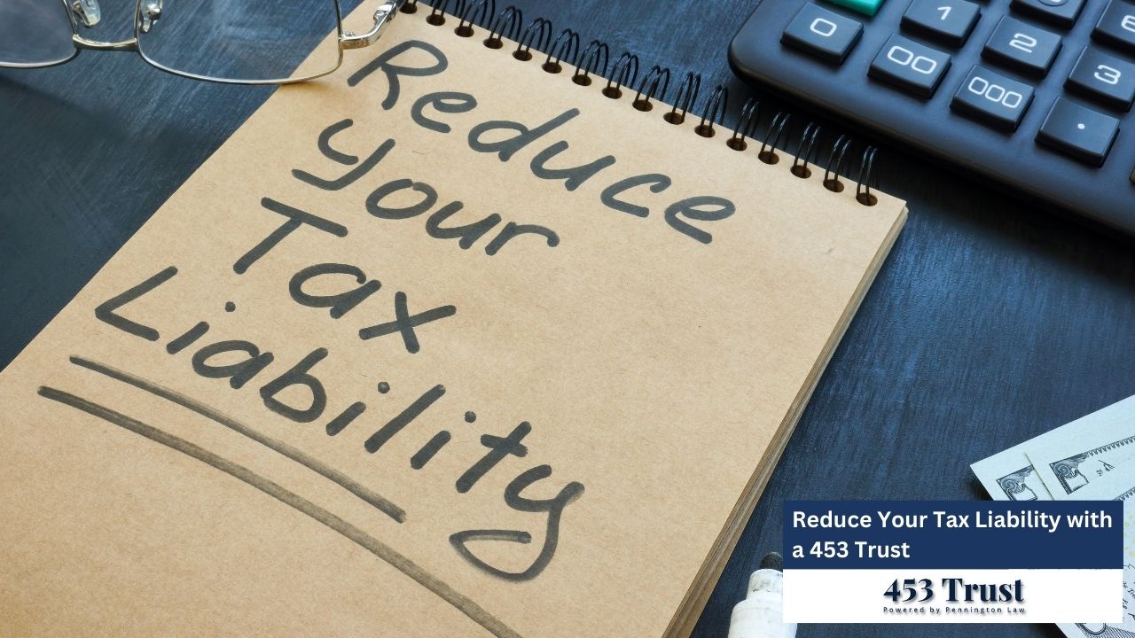 The image illustrates the concept of reducing tax liability, featuring a notepad with the phrase "Reduce Your Tax Liability" prominently written on it.
