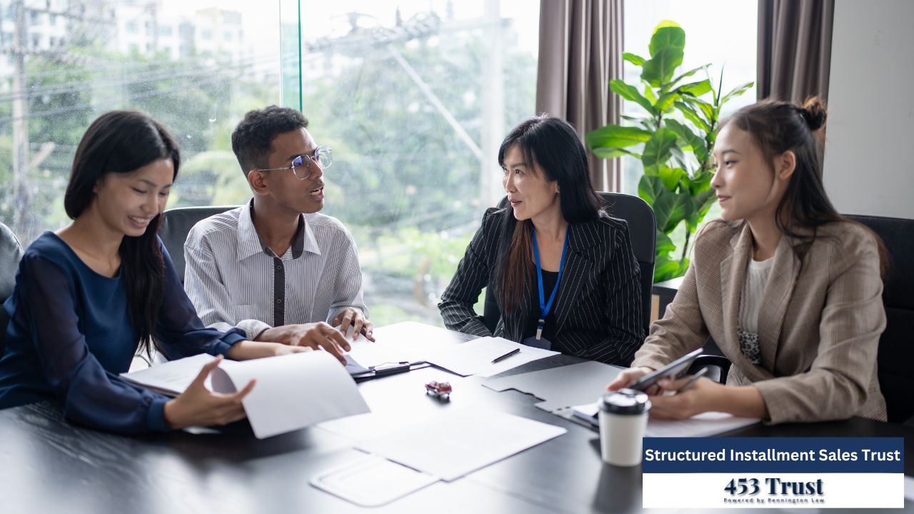 The picture shows a diverse group of professionals collaborating around a conference table in what appears to be a modern office setting.