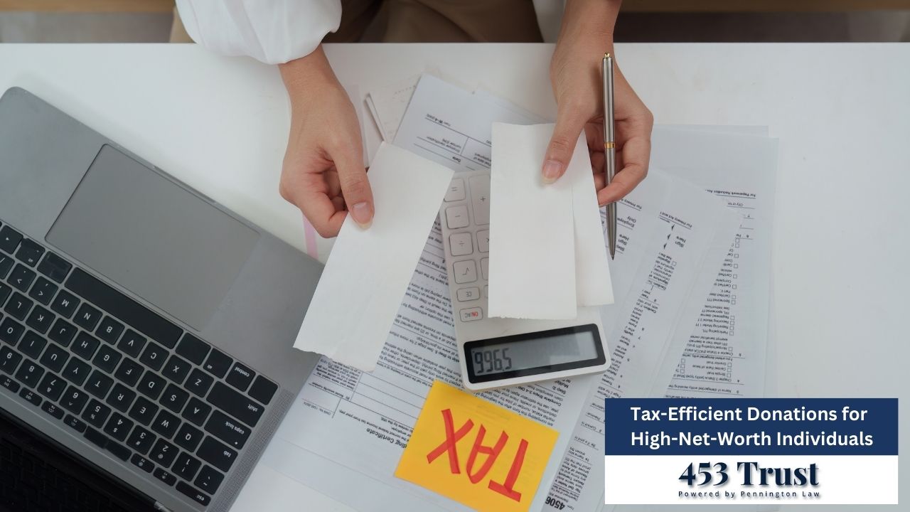 The image shows a person working on taxes with a laptop, calculator, tax forms, and a note labeled "TAX."